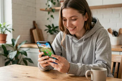 Femme utilisant un code récompense Monopoly GO sur son smartphone dans un appartement moderne