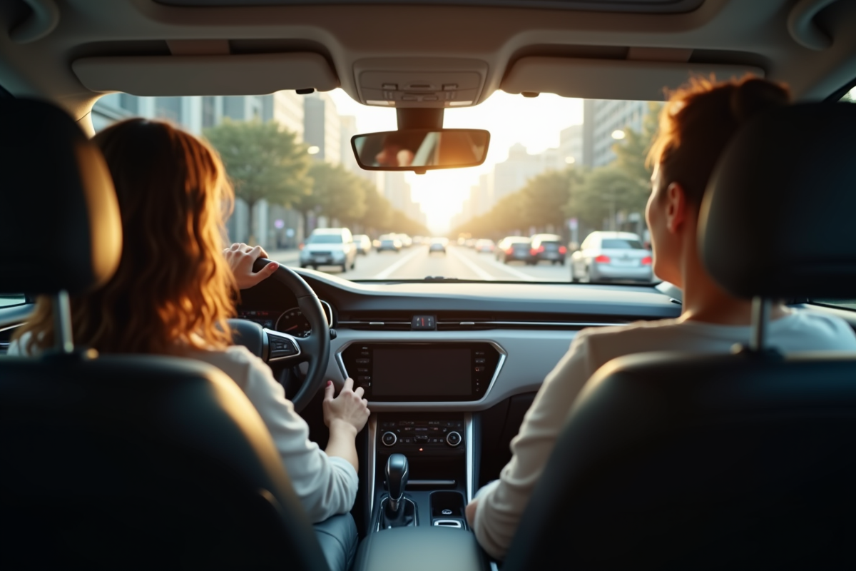 Femme relaxe conduisant voiture automatique en ville