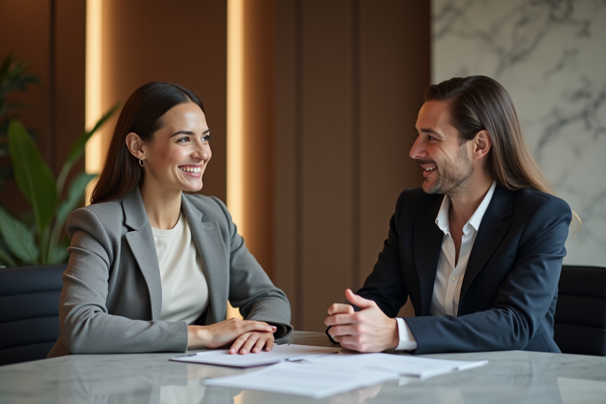 Femme en blouse et blazer discutant avec conseiller financier