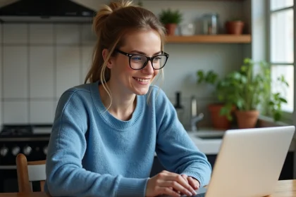 Femme dans sa cuisine regardant son ordinateur portable