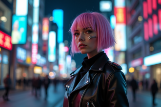 Jeune femme cyberpunk dans une ville nocturne futuriste