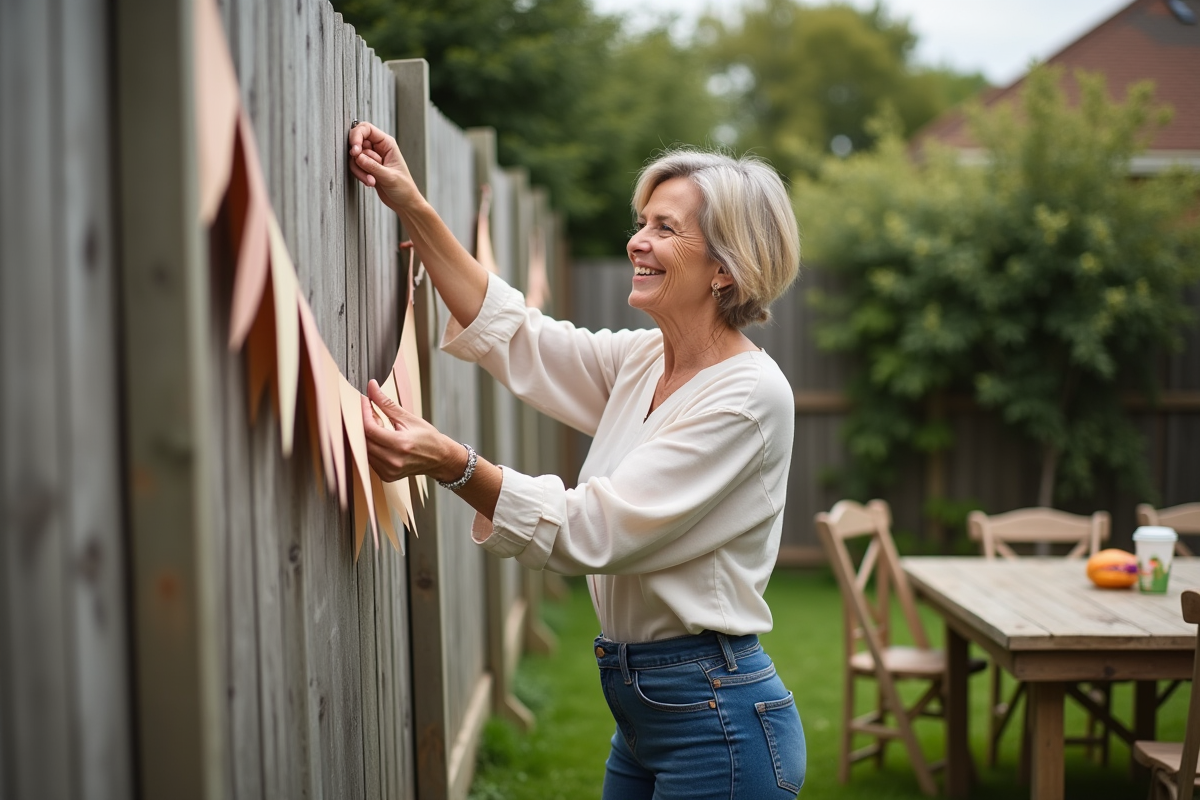 Femme arrangeant des guirlandes en extérieur dans un jardin