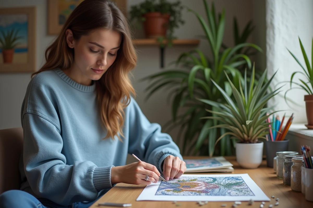 Femme concentrée réalisant une peinture diamant dans un salon chaleureux