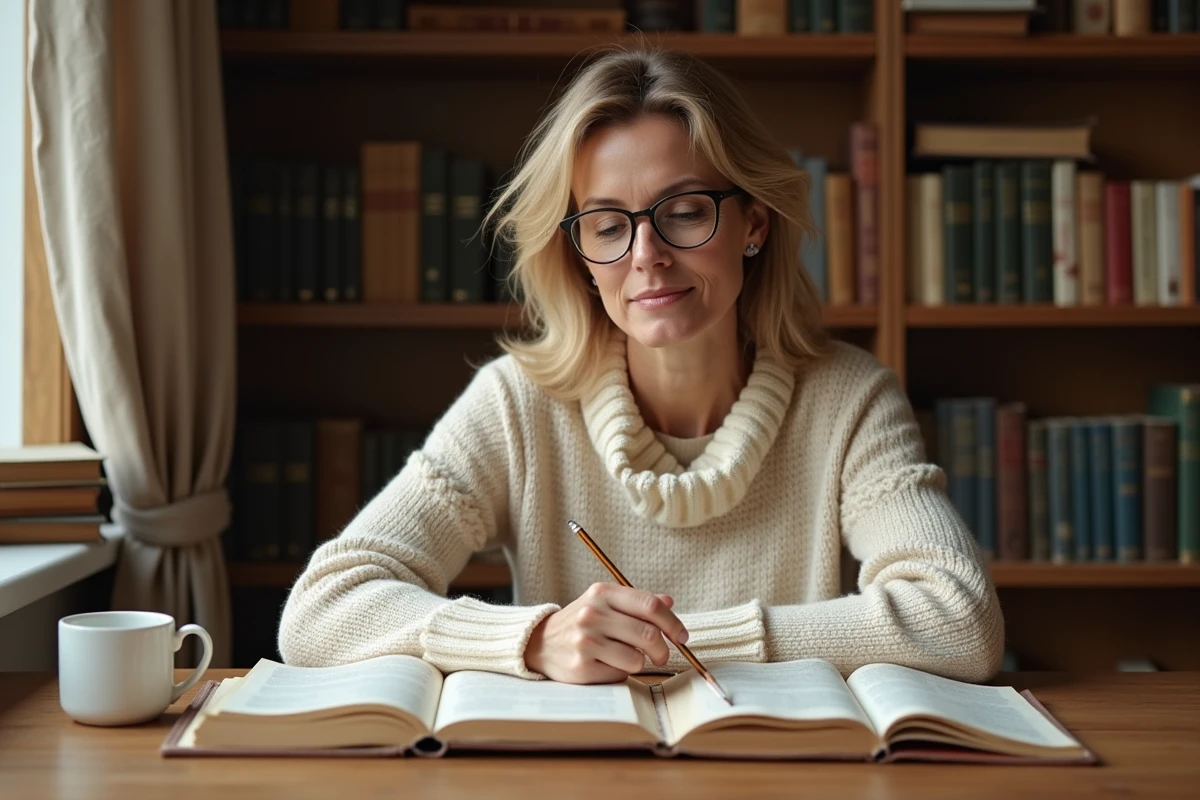 Femme consultant un dictionnaire de rimes pour trouver un mot de 6 lettres dans une grille de mots croisés