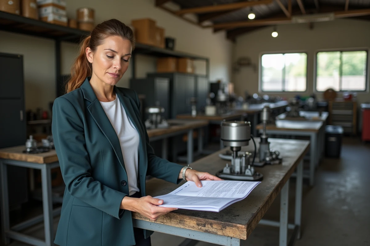 Femme en atelier examine un dynamometre et documents