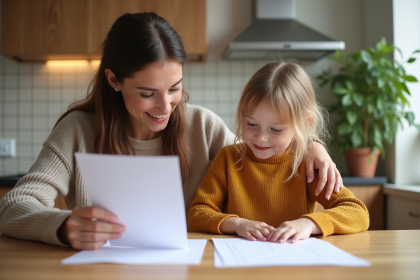 Femme et fille regardant des documents de location à la maison