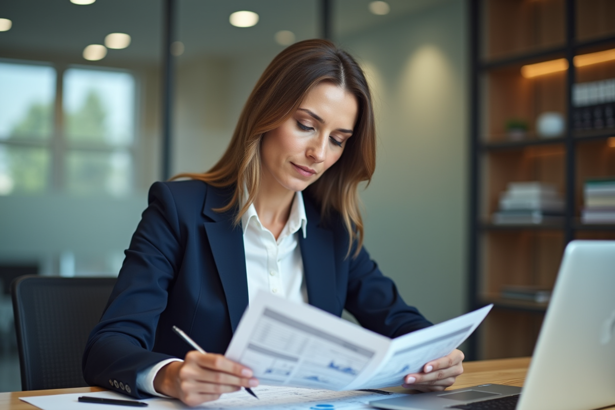 Femme d'affaires en réunion dans une banque moderne