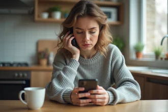 Femme hésitante regardant un appel entrant d'un numéro 0424 inconnu sur son smartphone dans une cuisine
