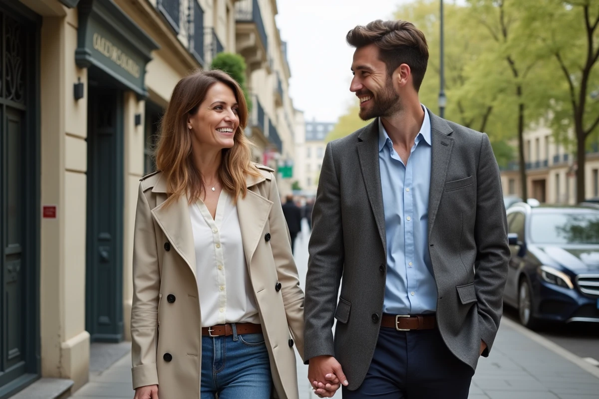 Femme et homme souriant main dans la rue parisienne
