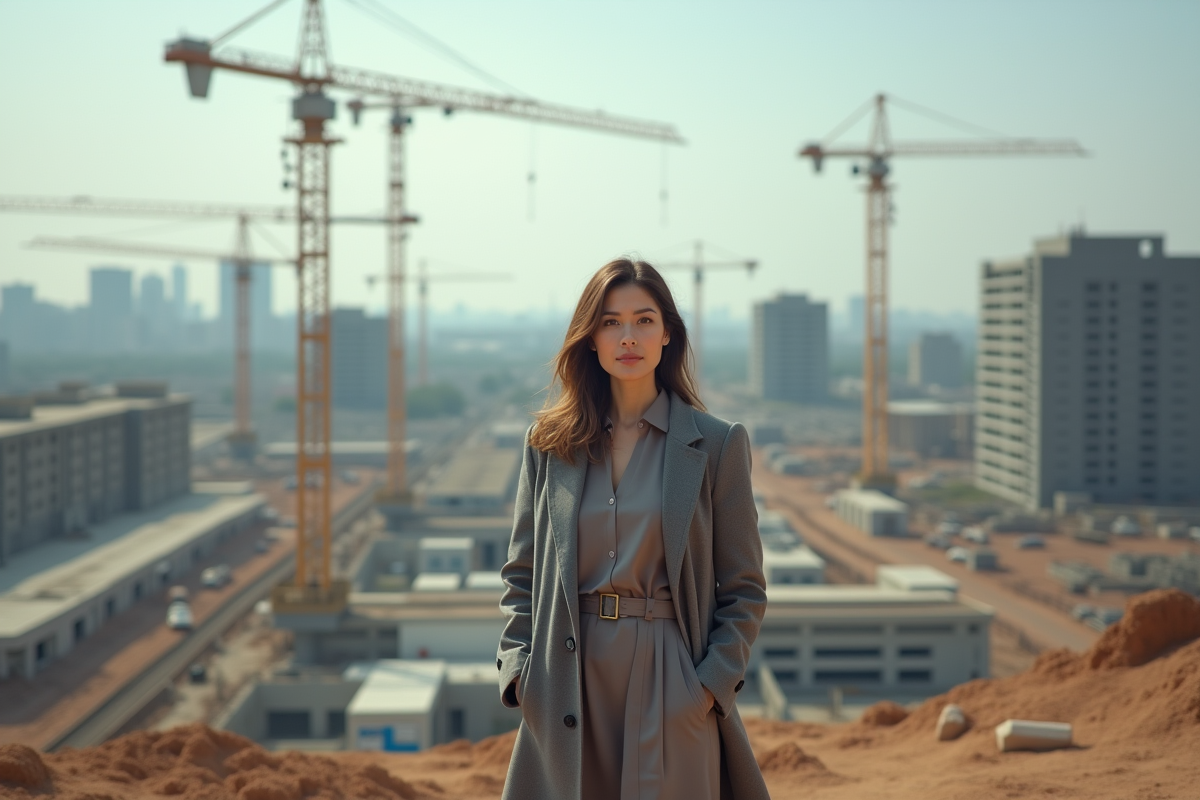 Femme promoteur immobilier devant un chantier en construction