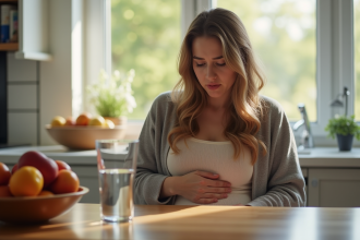 Jeune femme inquiète touchant son ventre à la cuisine