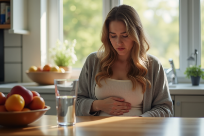 Jeune femme inquiète touchant son ventre à la cuisine