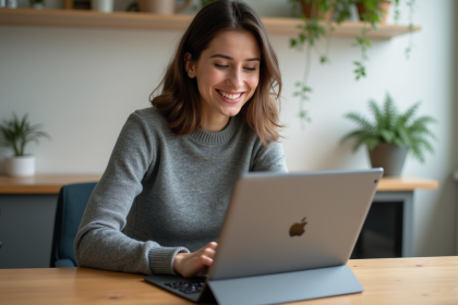 Jeune femme utilisant un iPad dans un appartement lumineux