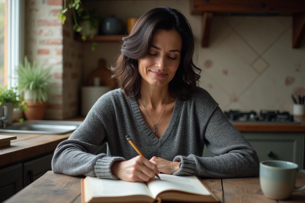 Femme &eacute;crivant dans une cuisine avec pendentif Templar