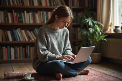 Femme lisant un blog littéraire sur son ordinateur portable dans une bibliothèque personnelle chaleureuse
