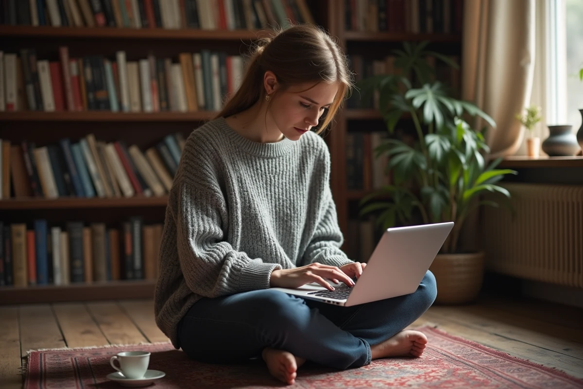 Femme lisant un blog littéraire sur son ordinateur portable dans une bibliothèque personnelle chaleureuse