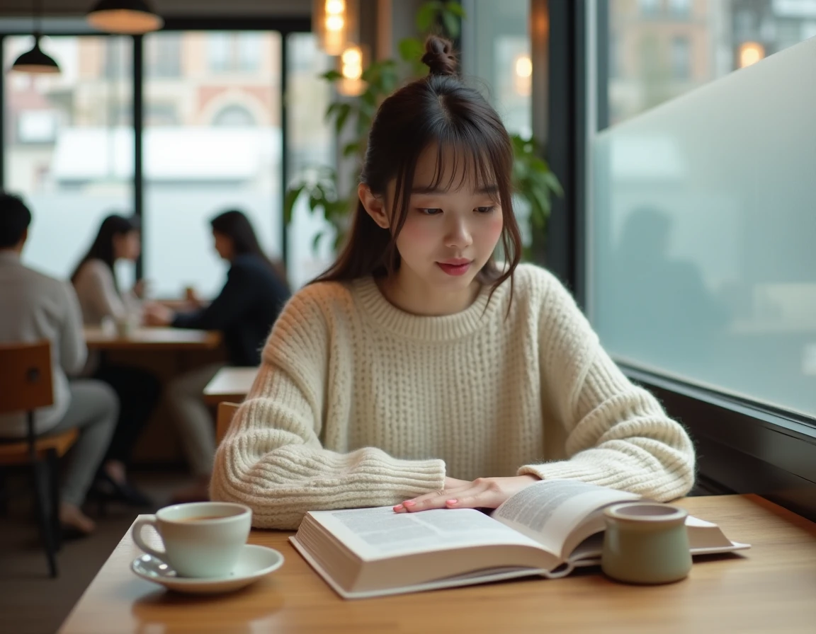 Jeune femme lisant un manhwa dans un café moderne avec une tasse de café et une plante