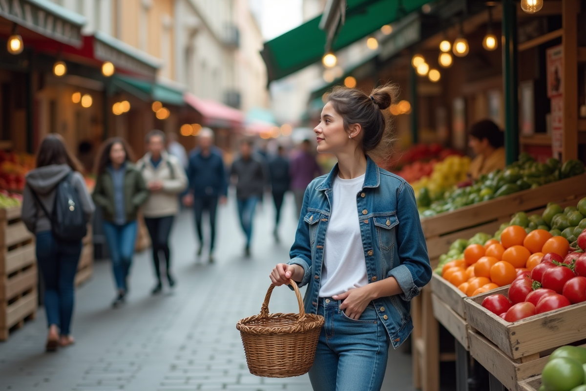 Jeune femme dans un marché urbain avec panier de courses