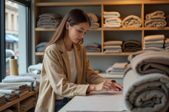 Femme élégante examinant des tissus dans une boutique moderne