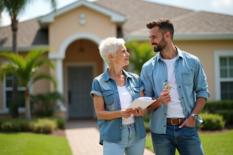 Femme d'âge moyen et son fils devant une maison floridienne