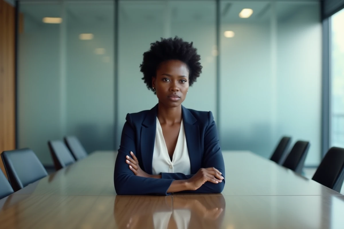 Femme noire seule dans une salle de réunion d'entreprise, expression grave, illustrant l'isolement face aux blagues racistes en milieu professionnel