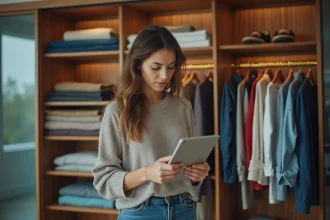 Femme regardant son placard organisé avec tablette et carnet