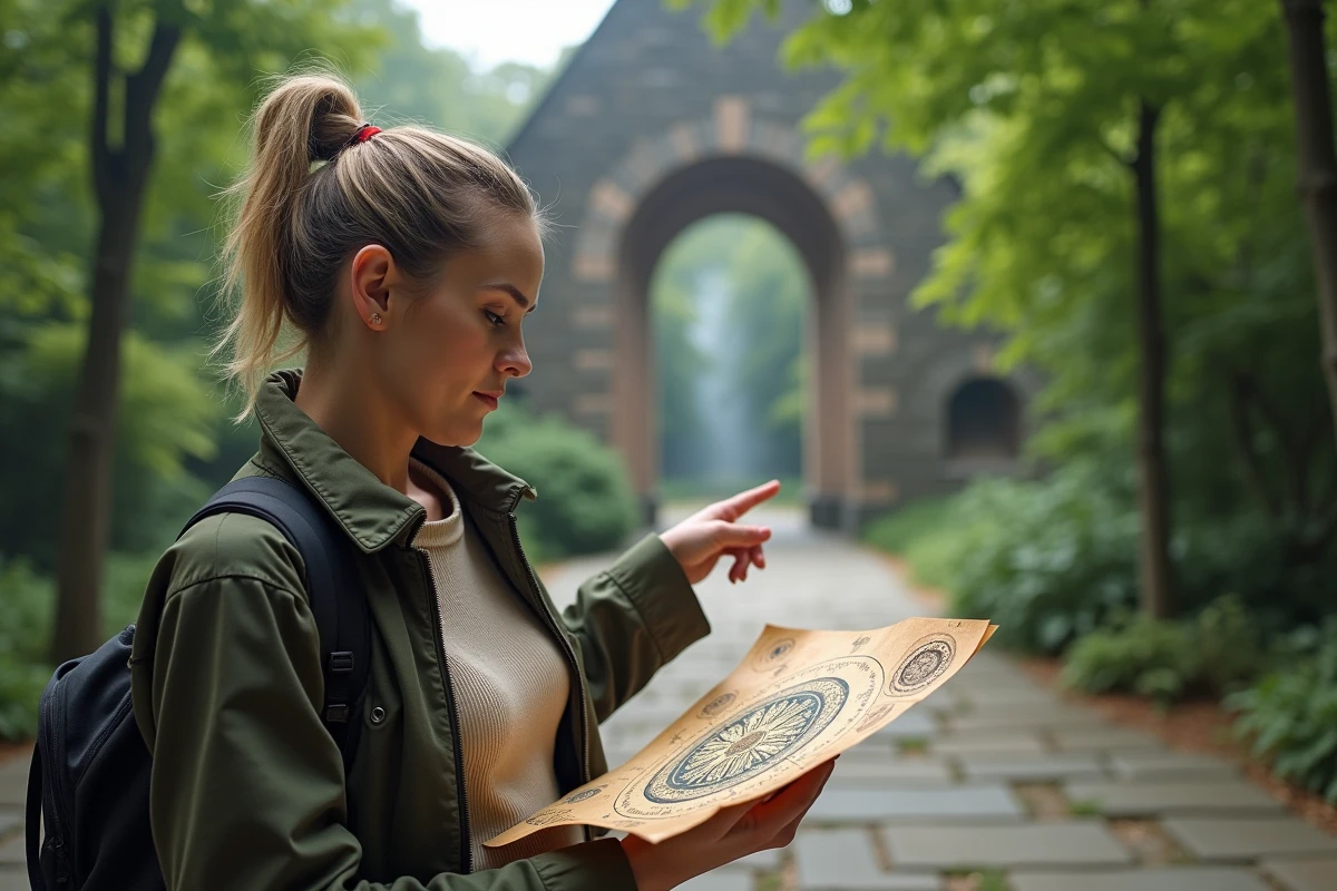 Femme en plein air pointant un arc mystérieux dans un parc