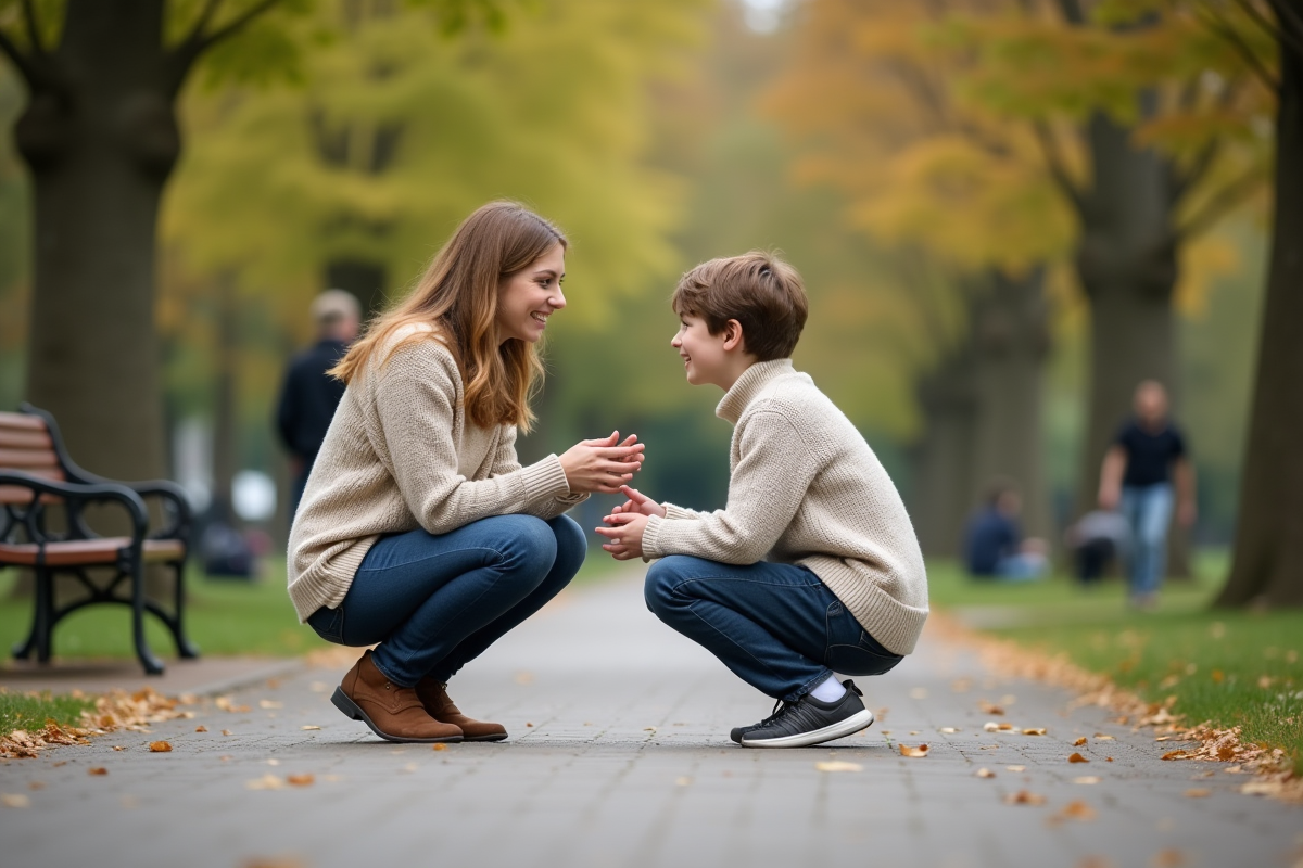 Femme et adolescent discutant dans un parc