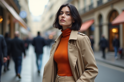Femme élégante dans une rue parisienne avec trench beige