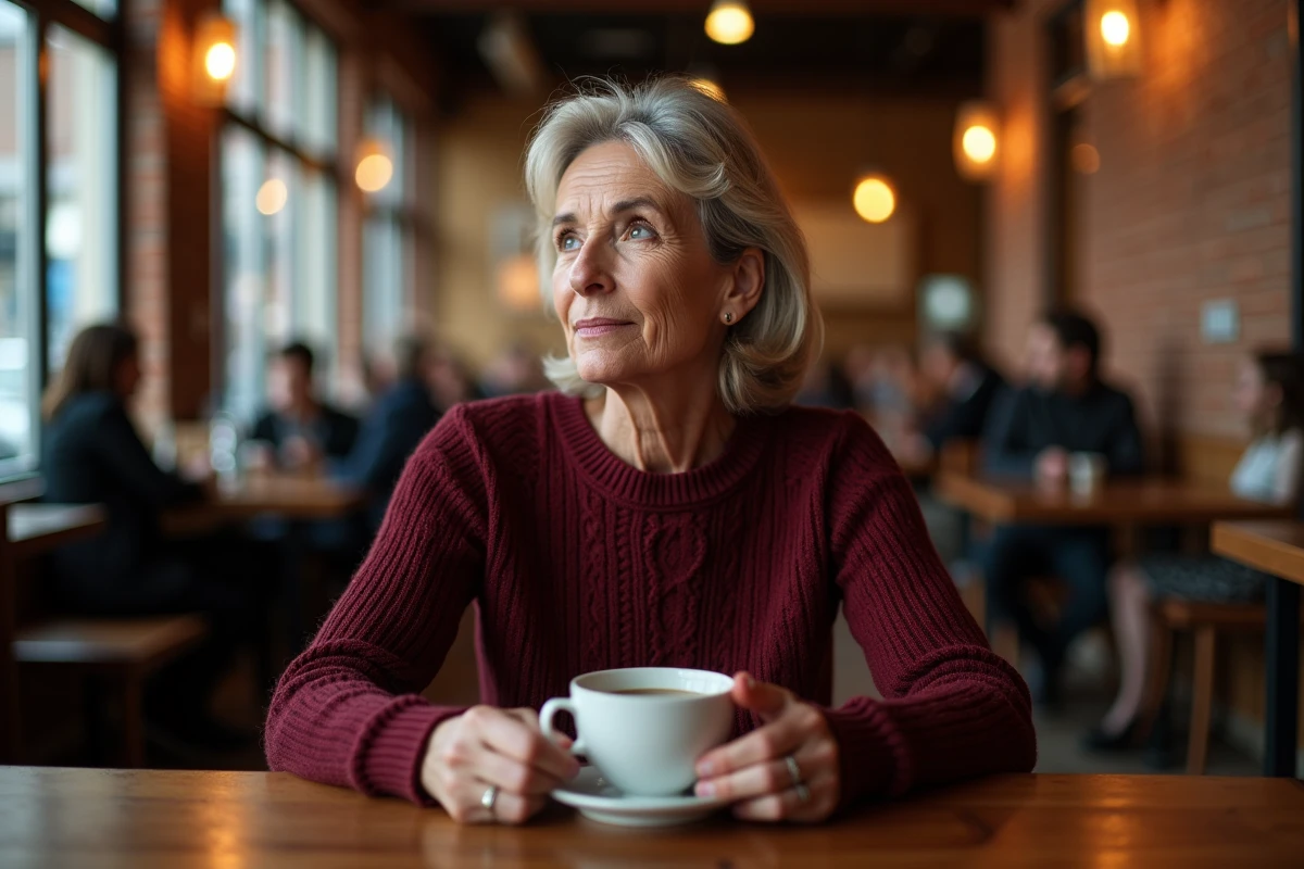 Femme pensive assise seule dans un café, illustrant le silence et les malentendus liés aux non-dits