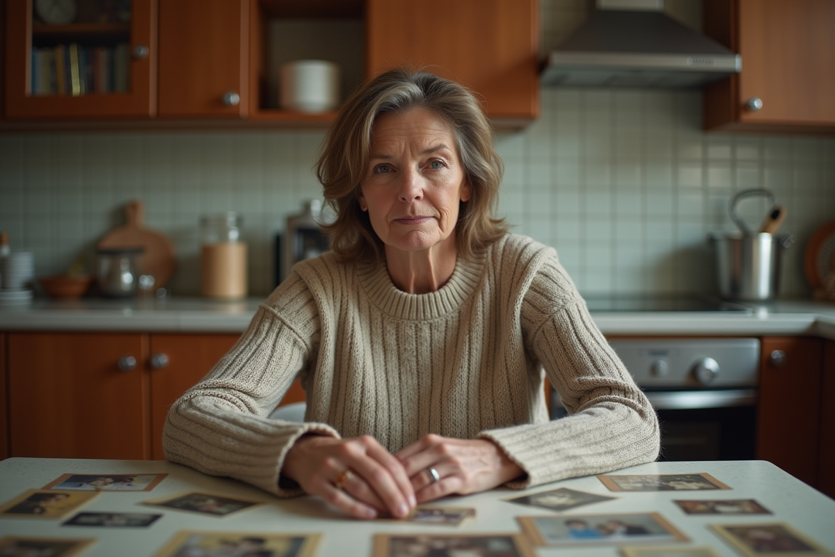 Femme pensant avec photos de famille sur la table