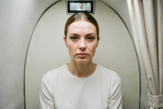 Femme assise dans un photomaton en train de prendre sa photo d'identité pour un document officiel