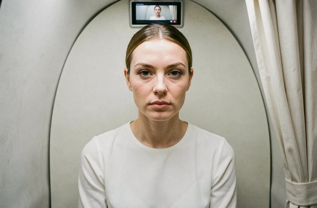 Femme assise dans un photomaton en train de prendre sa photo d'identité pour un document officiel