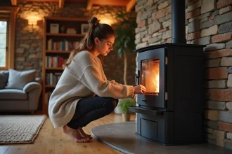Femme ajustant un poêle à granulés moderne dans un salon rustique aux murs en pierre et parquet en bois