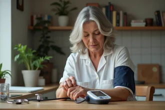 Femme d'âge moyen ajustant un tensiomètre digital à la maison