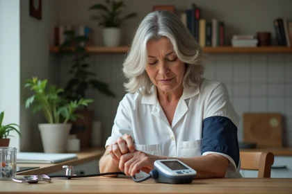 Femme d'âge moyen ajustant un tensiomètre digital à la maison