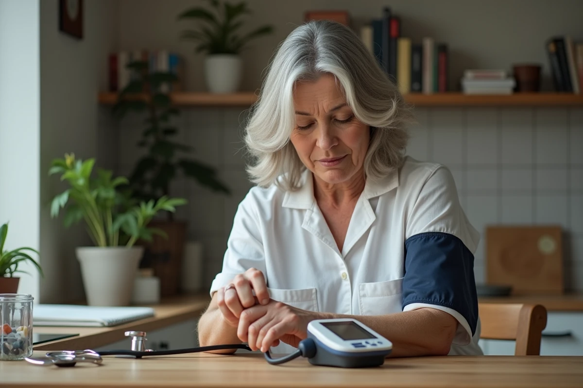 Femme d'âge moyen ajustant un tensiomètre digital à la maison