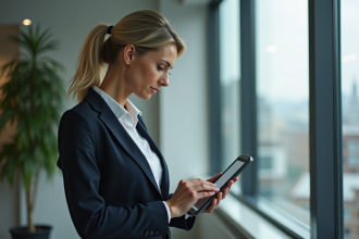 Femme professionnelle analysant un rapport immobilier sur une tablette