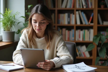 Jeune femme pensive avec tablette et livres