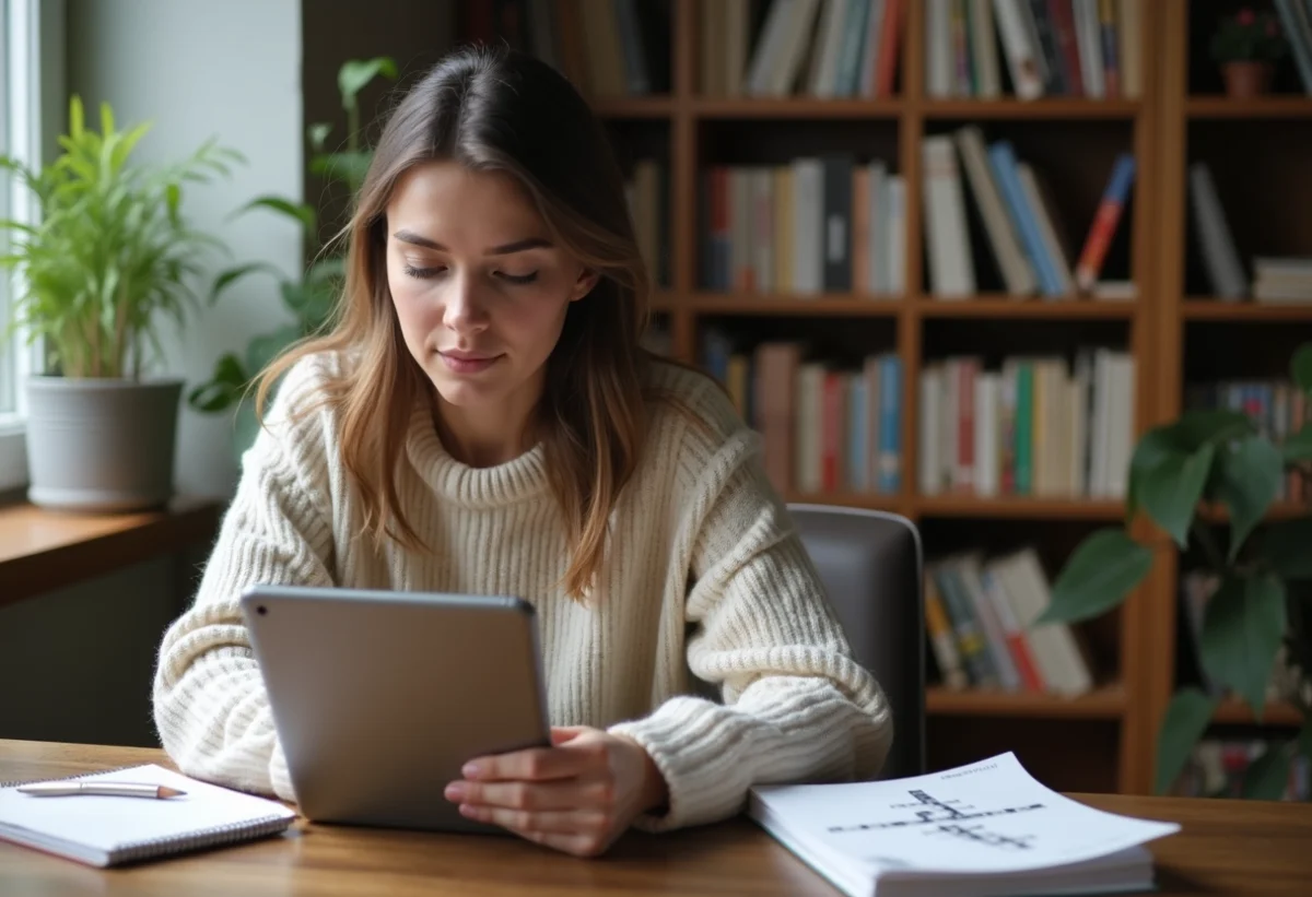 Jeune femme pensive avec tablette et livres