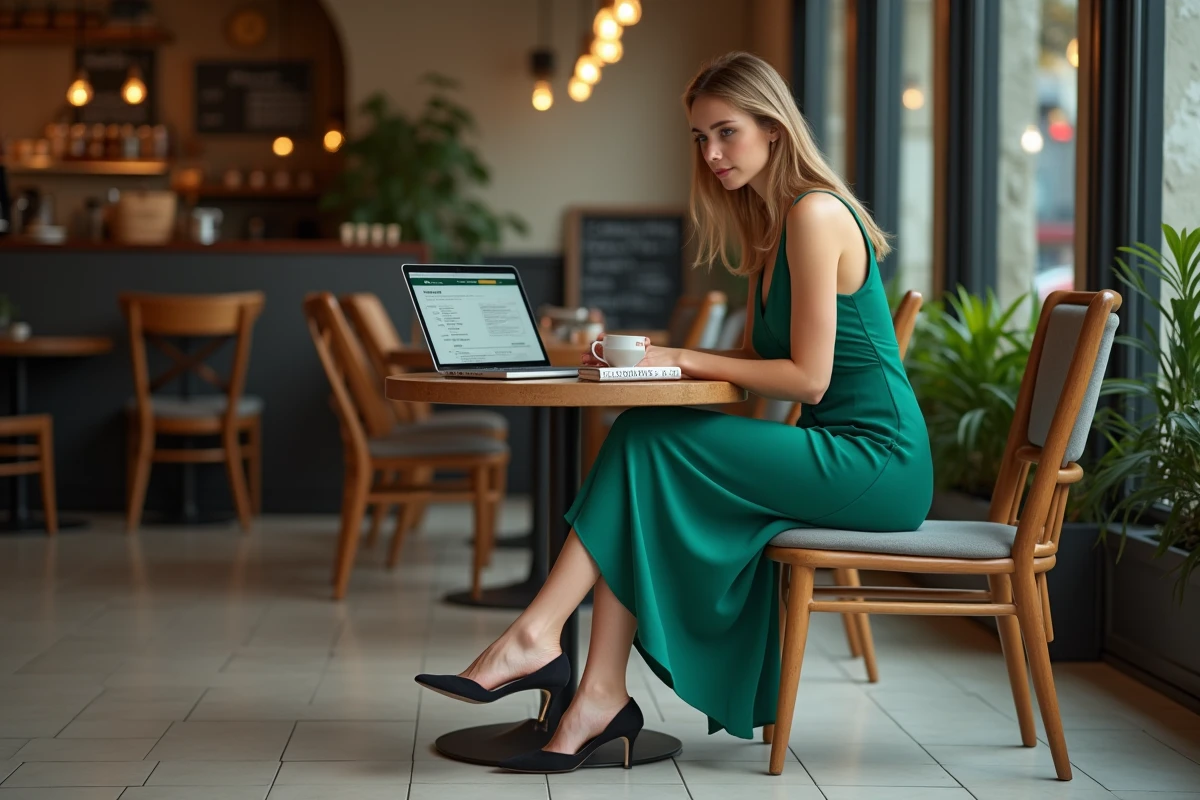 Jeune femme recherchant une soirée organisée nouvel an 2026 pas chère sur son ordinateur dans un café parisien