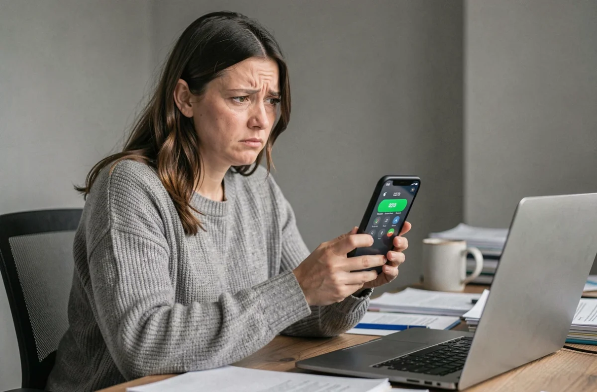 Femme frustrée recevant un appel téléphonique d'un numéro 0270 inconnu sur son smartphone au bureau à domicile