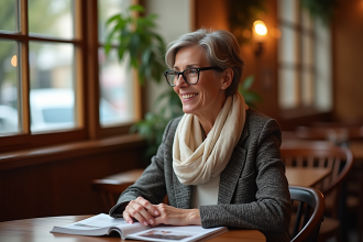 Femme élégante de 50 ans au café avec lunettes et blazer