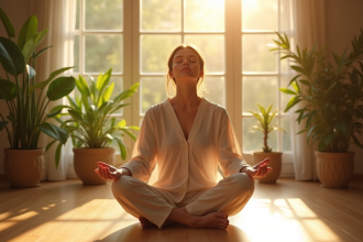 Femme sereine assise en méditation sur un sol en bois ensoleille