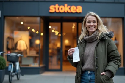 Femme souriante devant le magasin Stokea Tourcoing avec ses achats