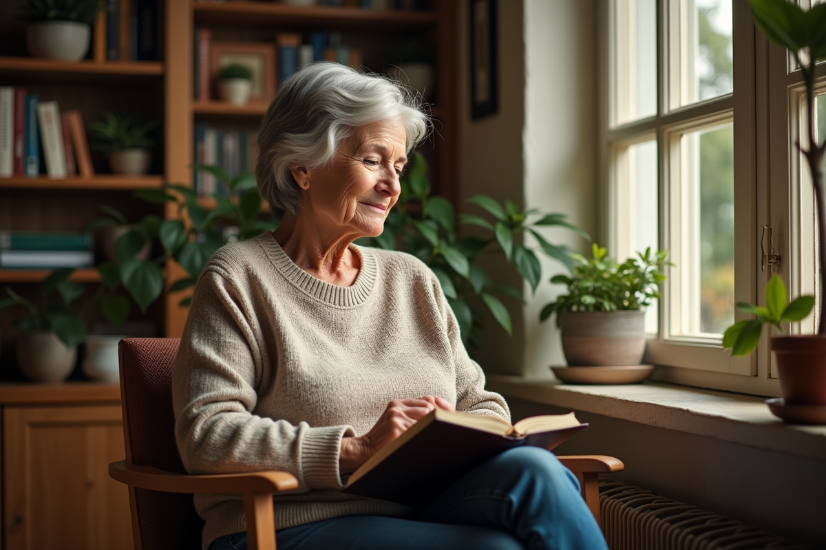 Femme âgée assise près d une fenêtre en intérieur