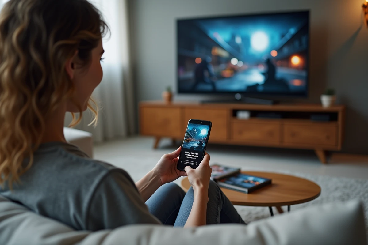 Femme lisant sur son smartphone la confirmation de la date de sortie de GTA 6 prévue pour 2026