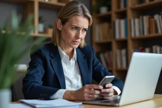 Femme inquiète regardant un numéro de téléphone inconnu commençant par 0377 sur son smartphone dans un bureau à domicile