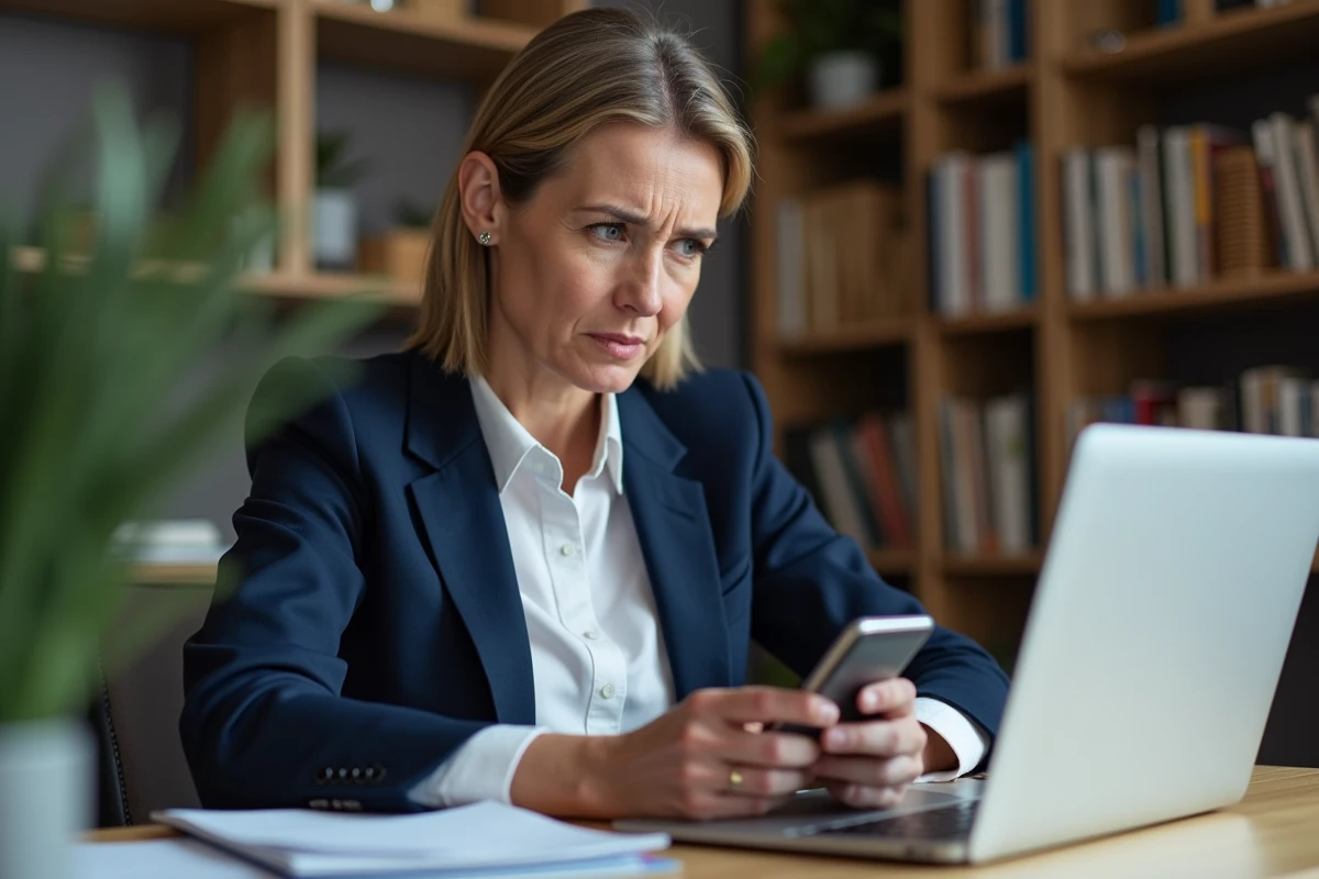 Femme inquiète regardant un numéro de téléphone inconnu commençant par 0377 sur son smartphone dans un bureau à domicile