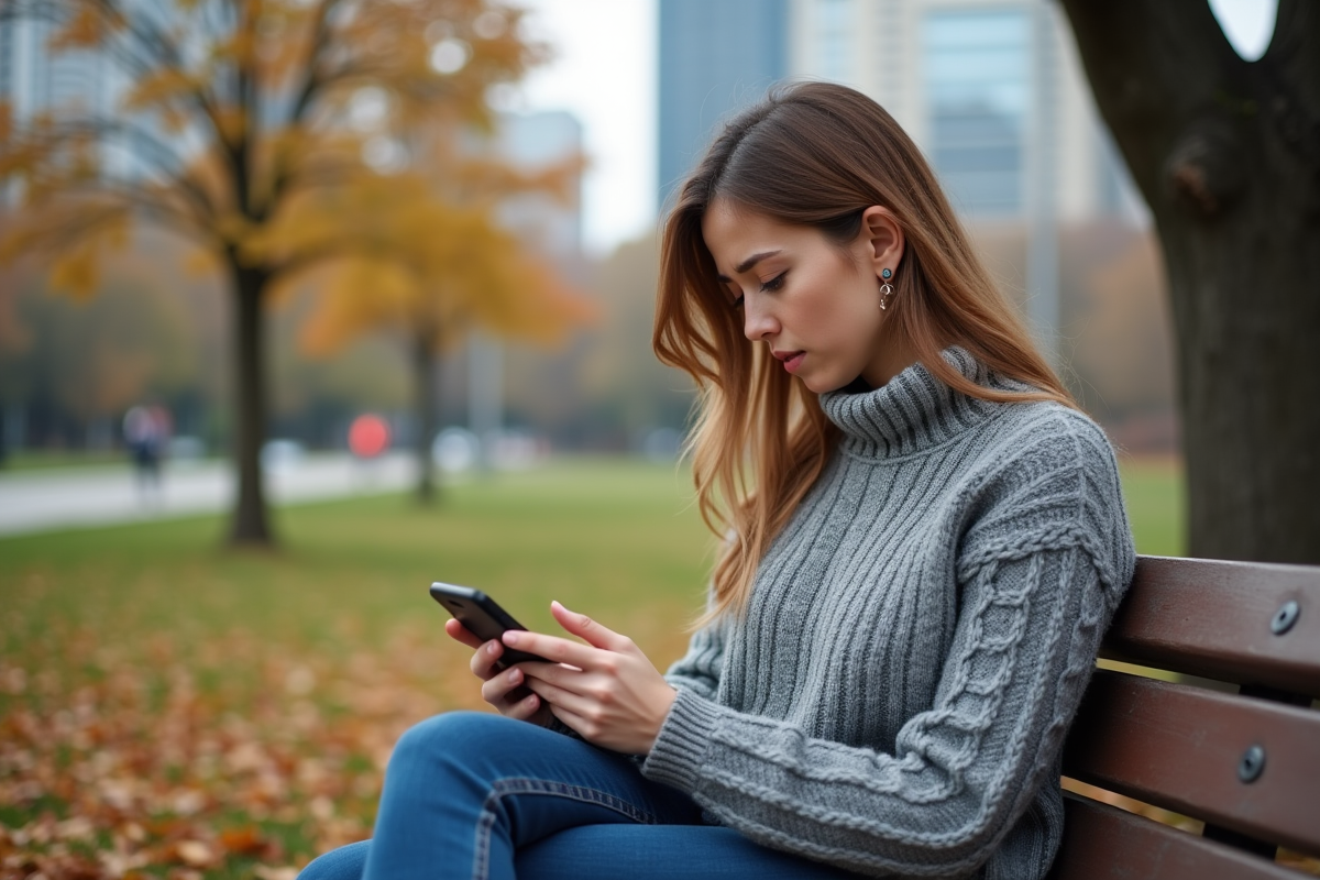 Femme inquiète utilisant son smartphone dans un parc en automne